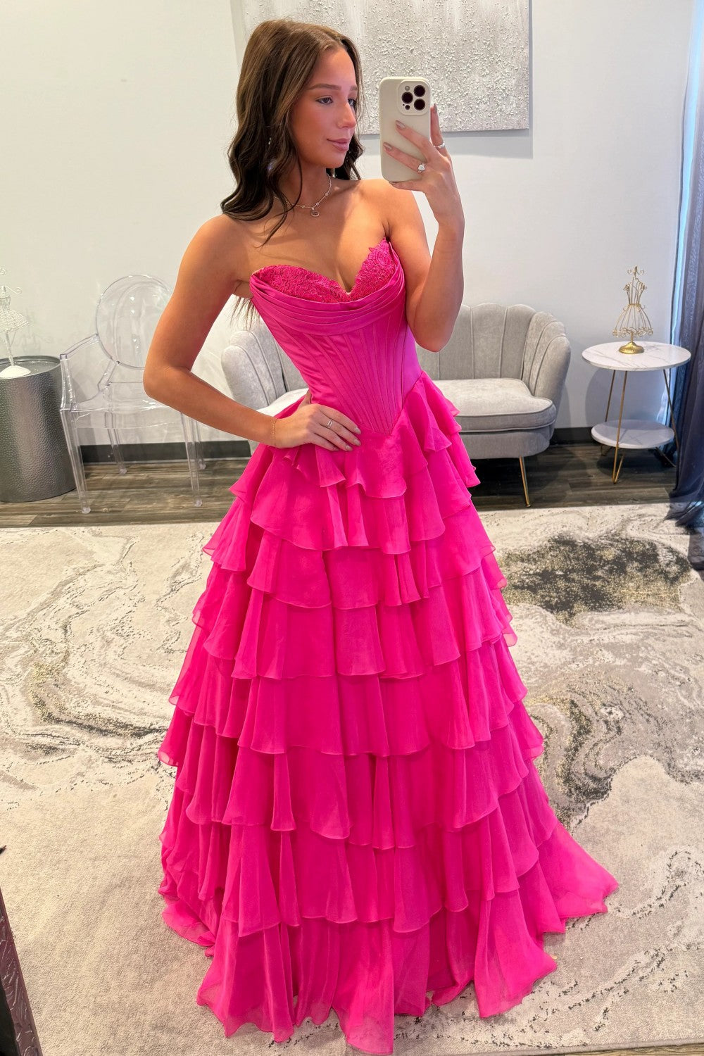 Romantic Yellow Sweetheart Corset Tiered Ruffle Chiffon Ball Gown Prom Dress