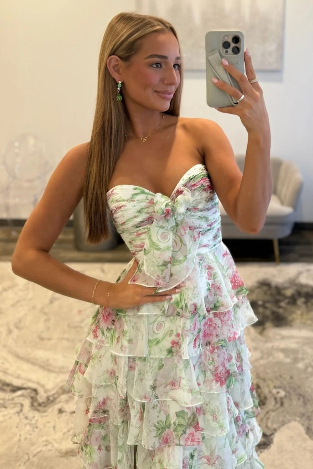 Romantic A-Line Floral Print Sweetheart Ruffle Chiffon Prom Gown with Slit