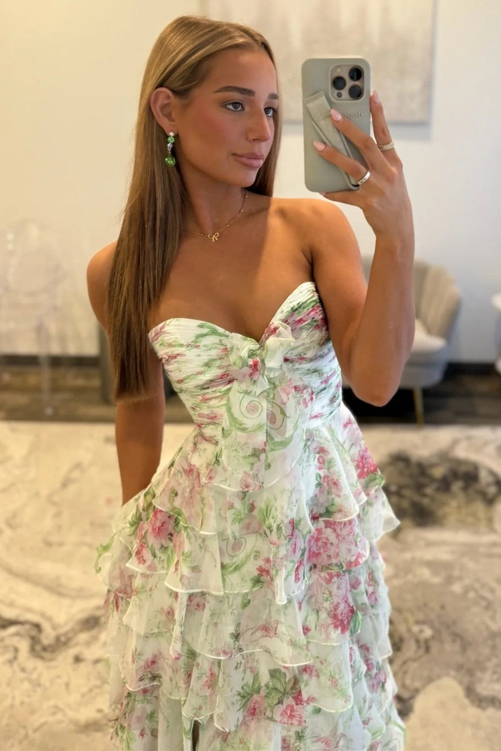Romantic A-Line Floral Print Sweetheart Ruffle Chiffon Prom Gown with Slit