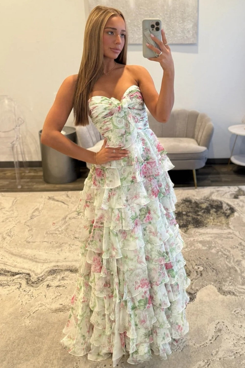 Romantic A-Line Floral Print Sweetheart Ruffle Chiffon Prom Gown with Slit