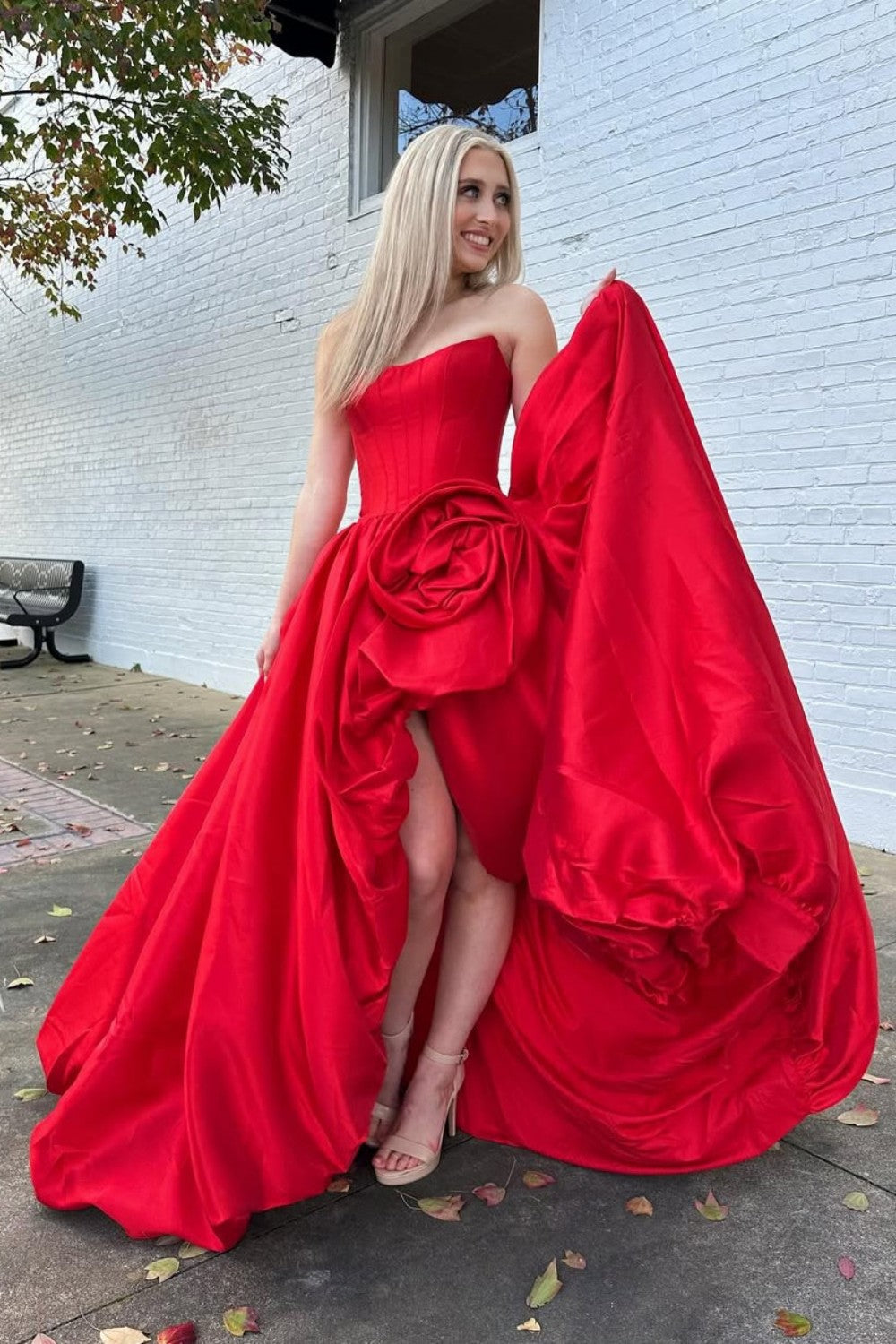 Romantic A-Line Rose-Embellished Strapless Satin Prom Gown