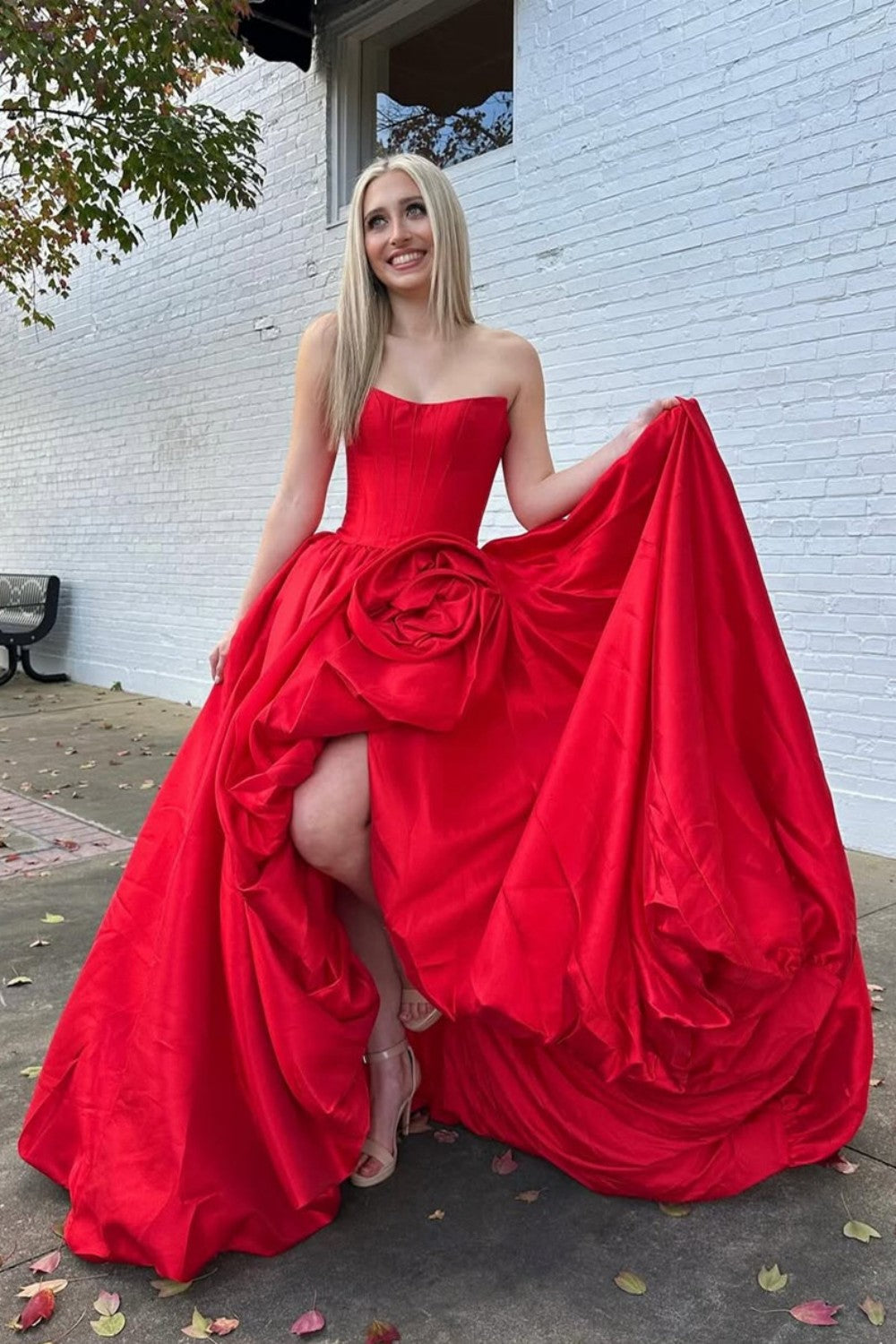 Romantic A-Line Rose-Embellished Strapless Satin Prom Gown