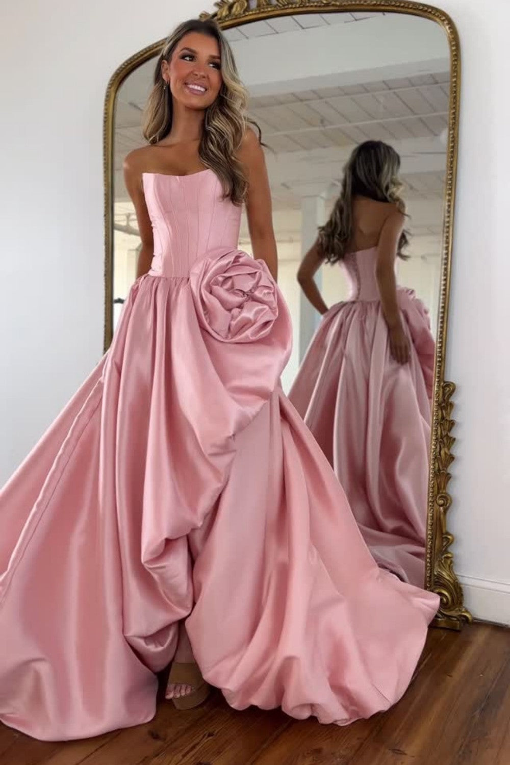 Romantic A-Line Rose-Embellished Strapless Satin Prom Gown