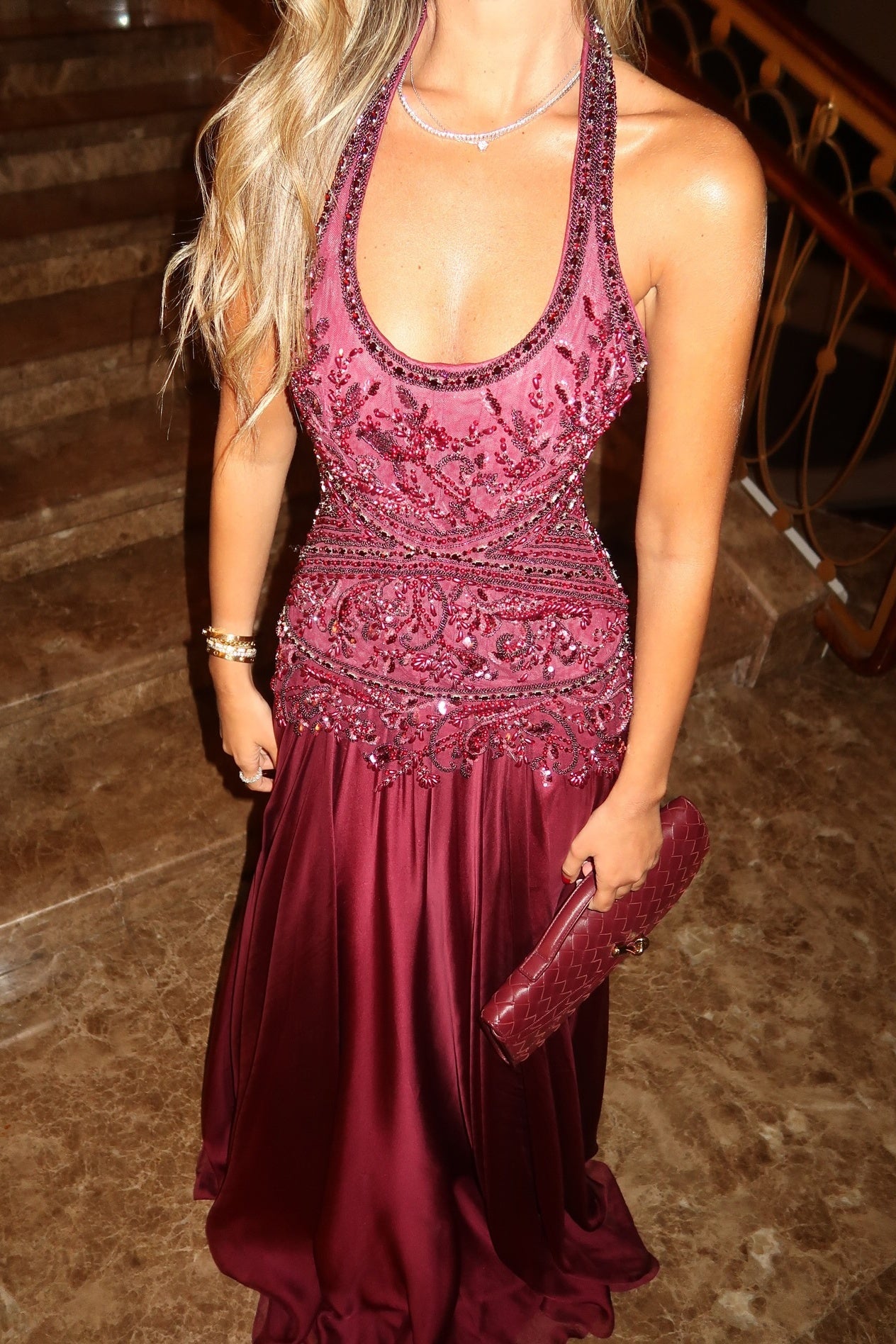 Romantic A Line Halter Neck Burgundy Long Prom Dress with Appliques Beading