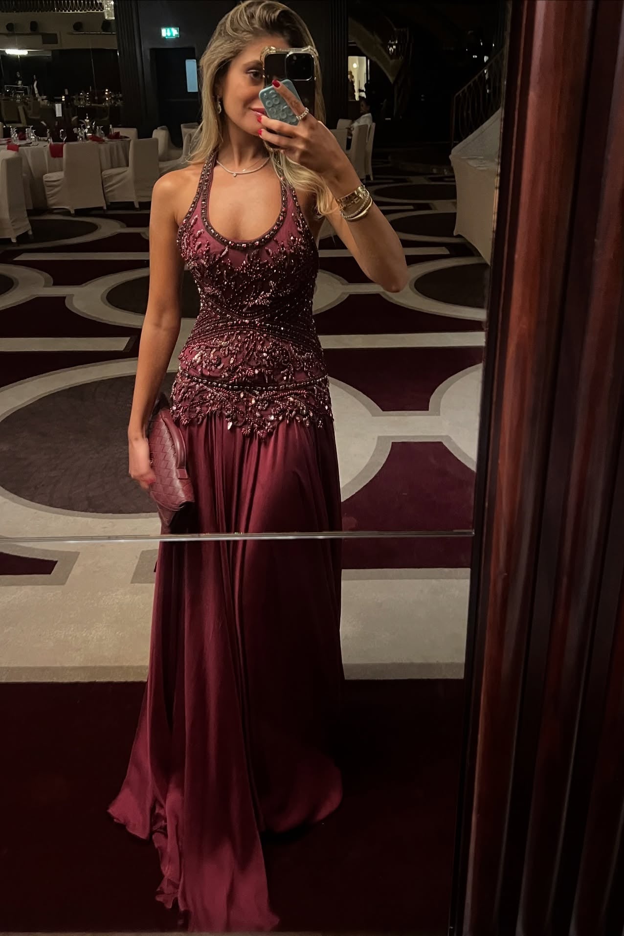 Romantic A Line Halter Neck Burgundy Long Prom Dress with Appliques Beading
