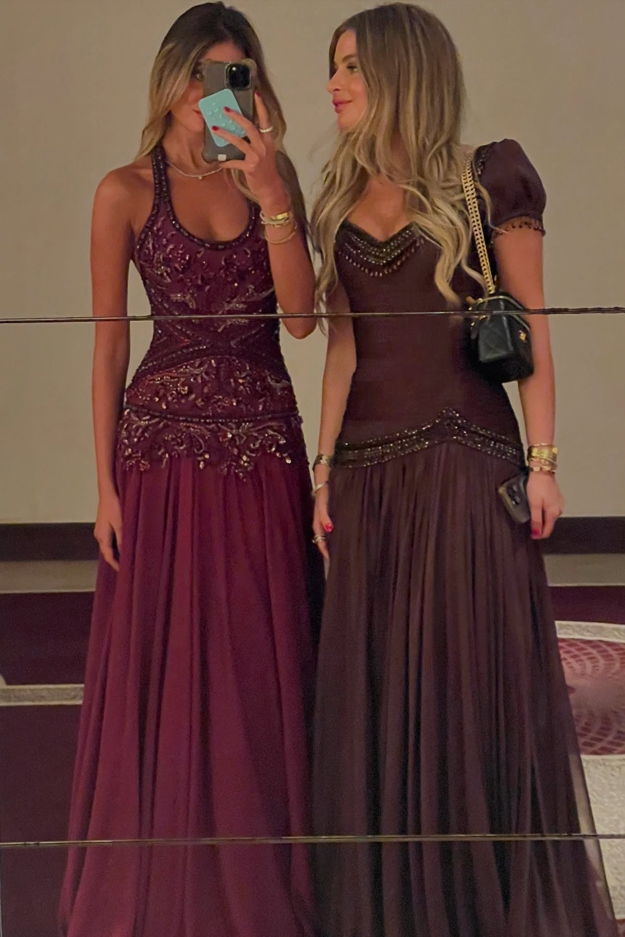 Romantic A Line Halter Neck Burgundy Long Prom Dress with Appliques Beading