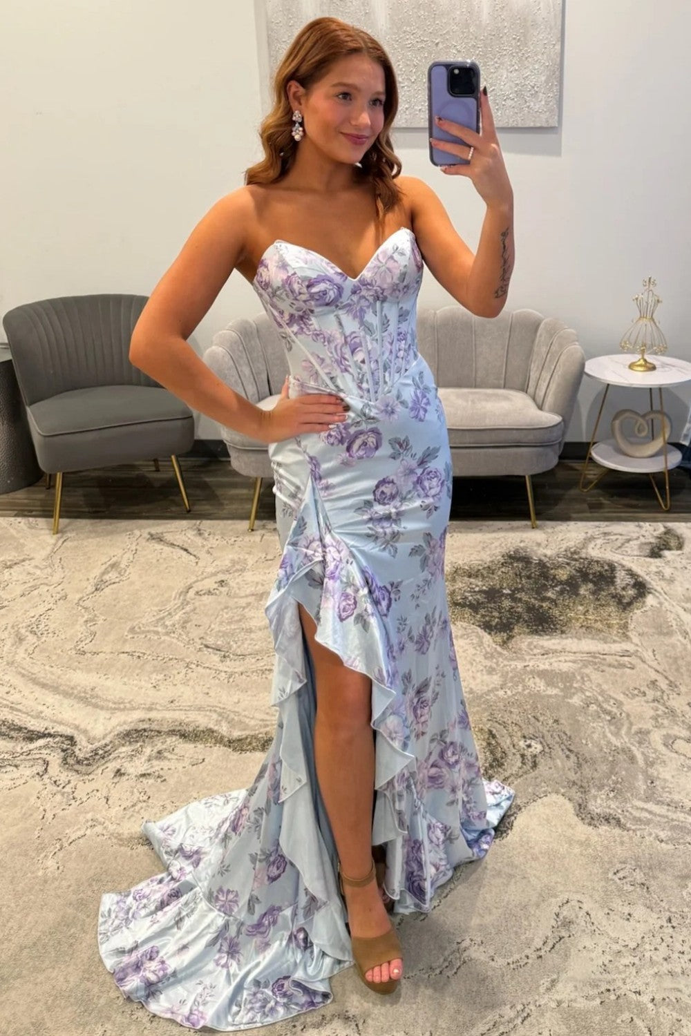 Romantic Blue Floral Sweetheart Corset Prom Gown With Ruffle Slit
