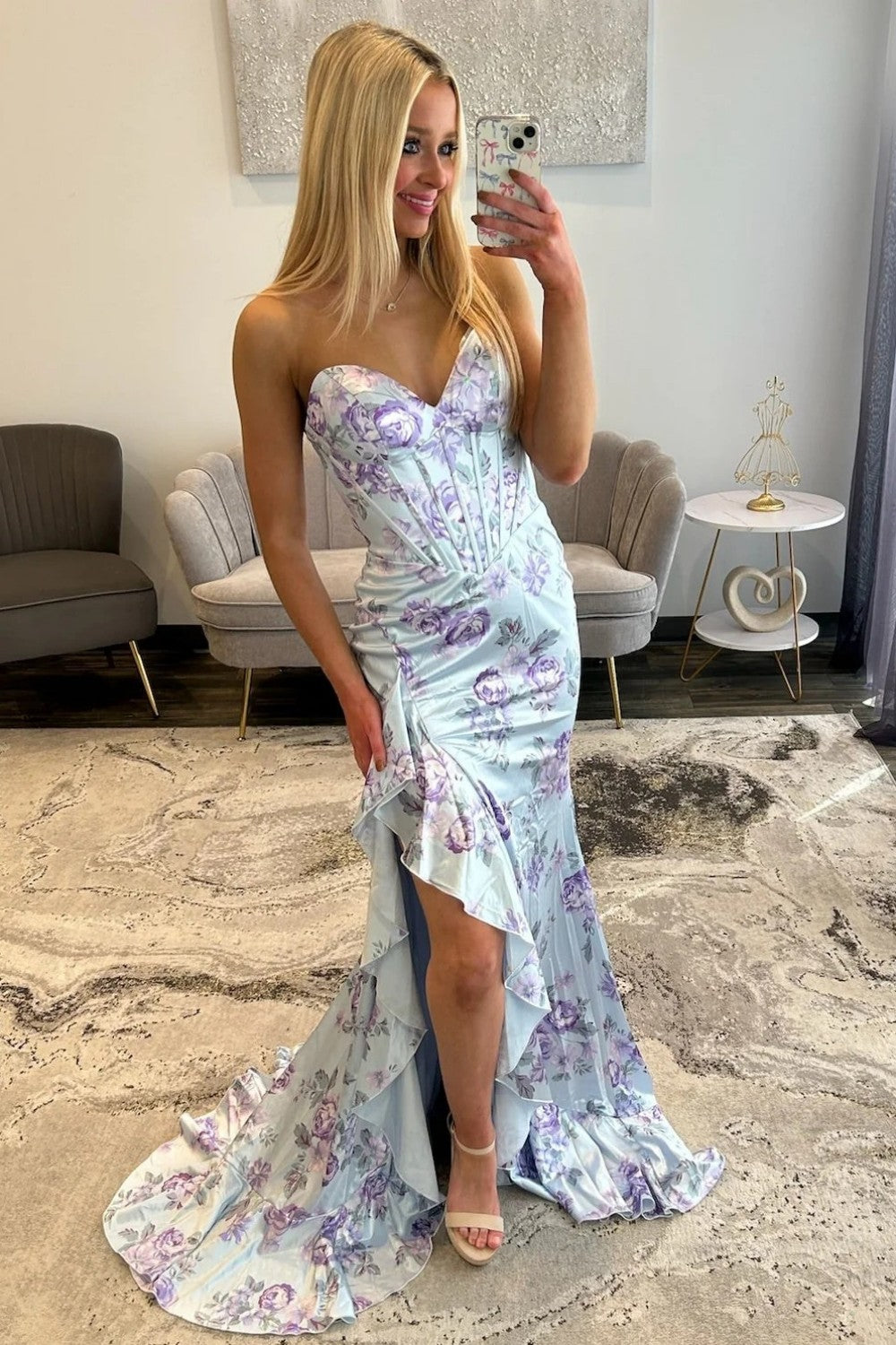 Romantic Blue Floral Sweetheart Corset Prom Gown With Ruffle Slit