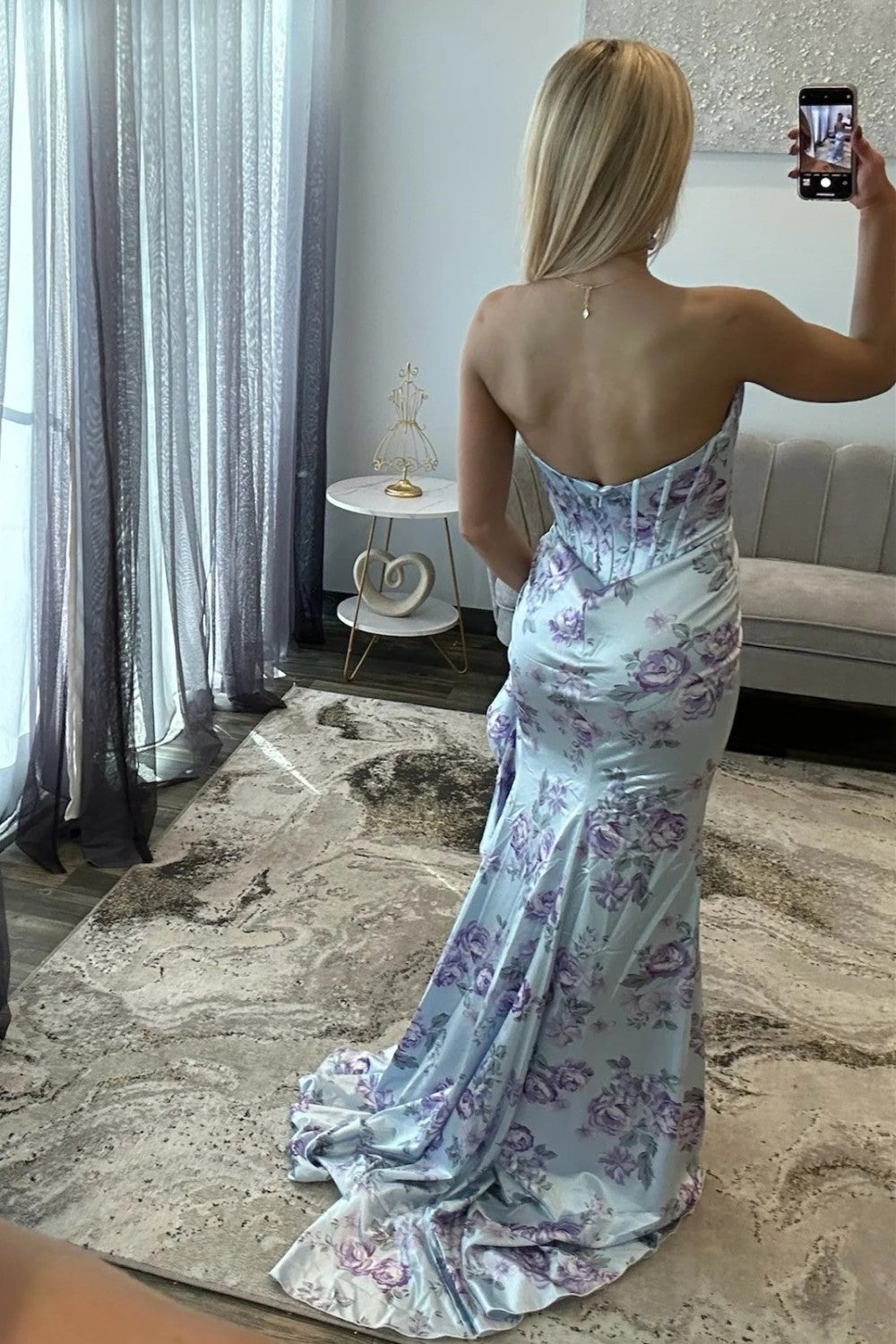 Romantic Blue Floral Sweetheart Corset Prom Gown With Ruffle Slit