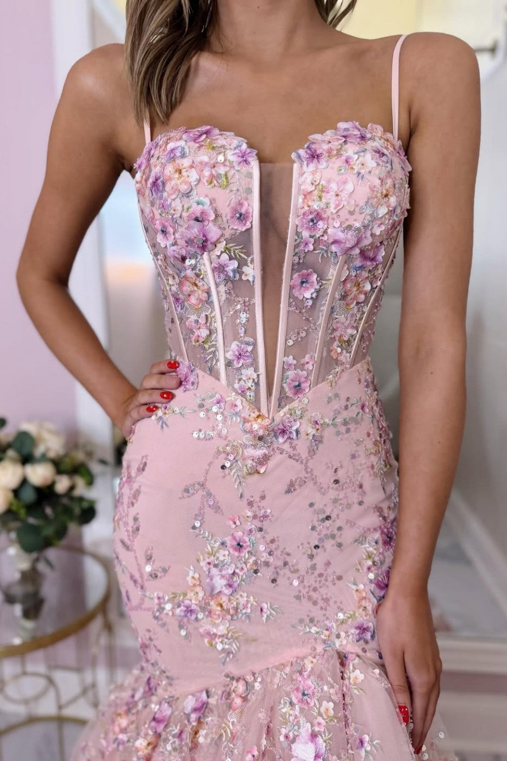 Romantic Blush Pink Floral Appliqué Corset Mermaid Prom Dress with Slit