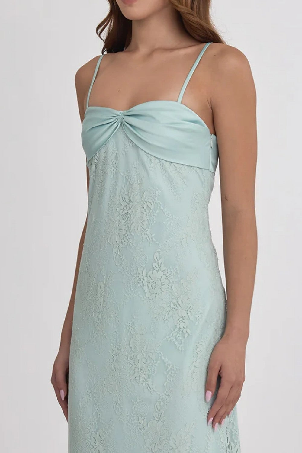 Romantic Blush Pink Lace Spaghetti Straps Prom Dress with Ruched Bodice