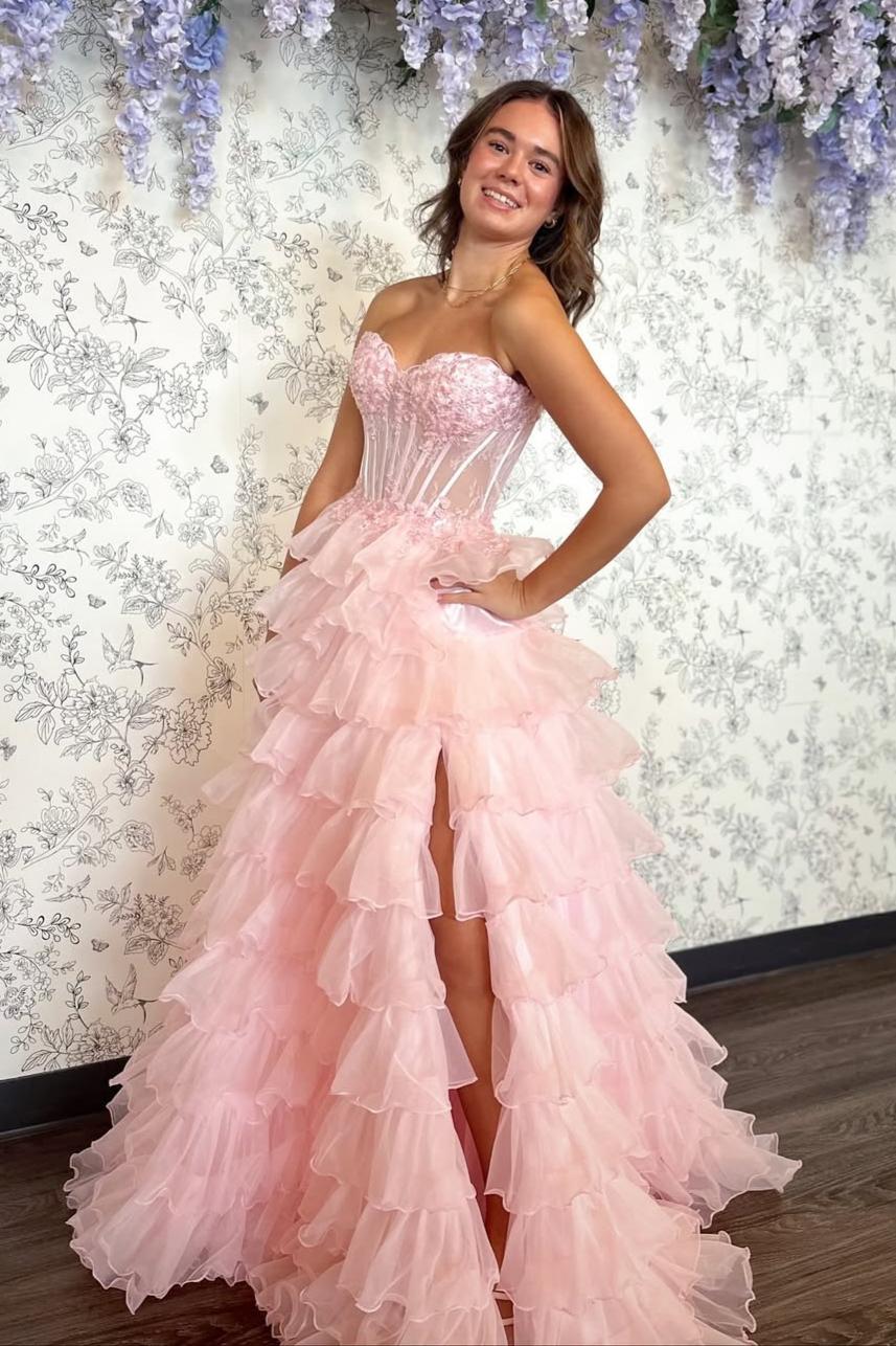 Romantic Blush Pink Sweetheart Corset Tiered Tulle Prom Gown with Slit