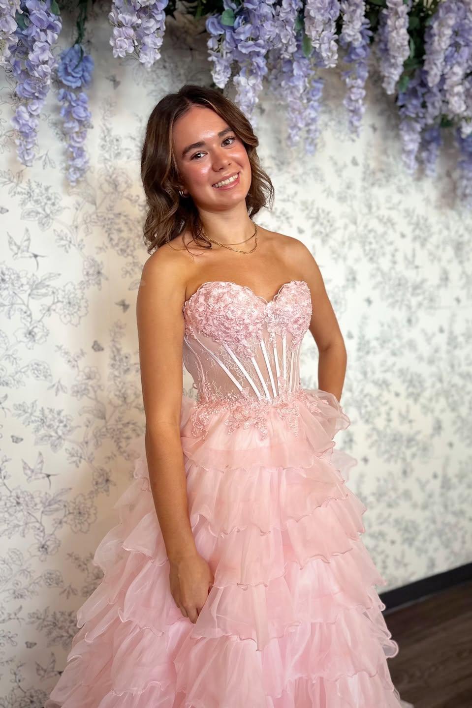 Romantic Blush Pink Sweetheart Corset Tiered Tulle Prom Gown with Slit