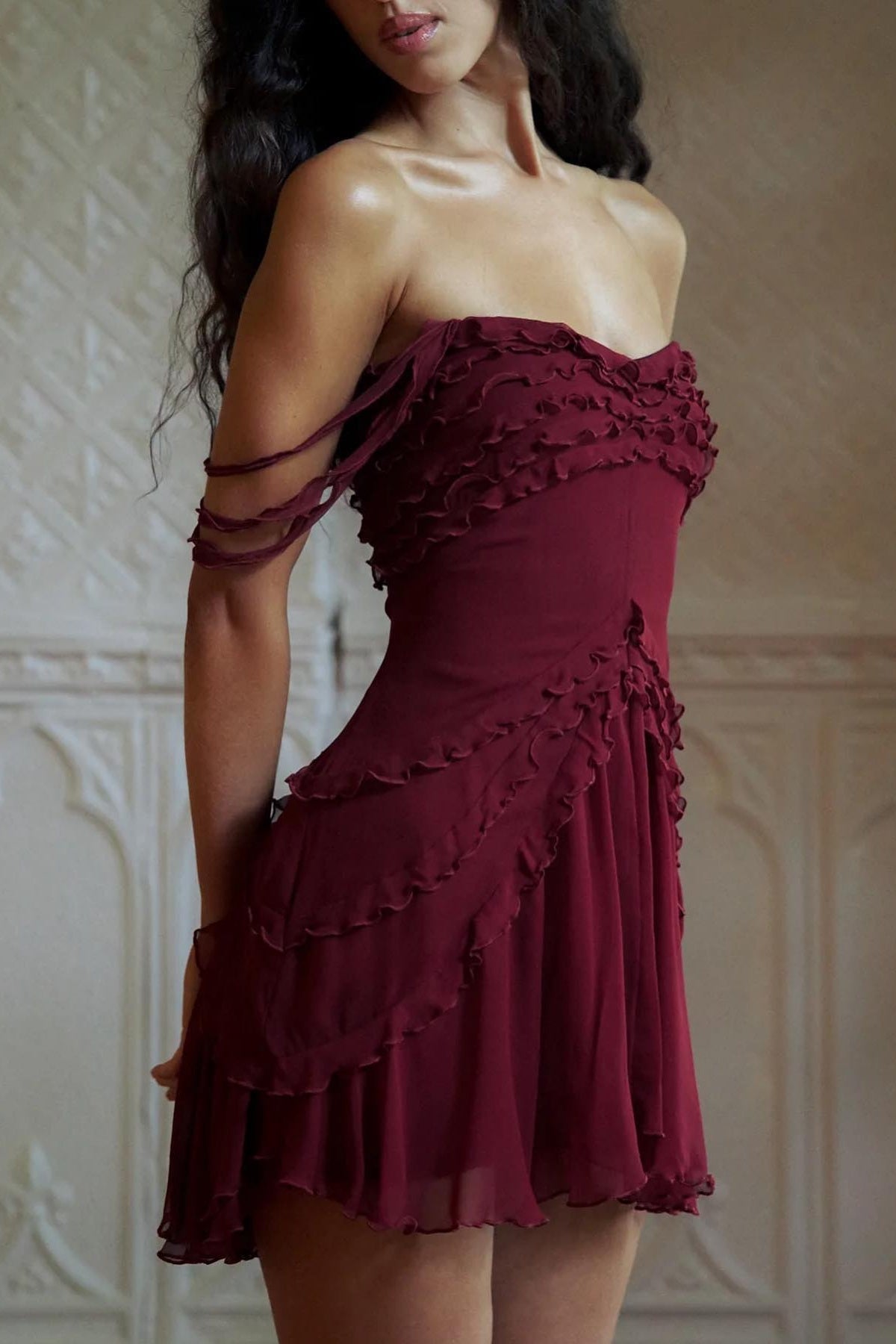 Romantic Burgundy Off Shoulder Mini Dress with Tiered Ruffle Skirt