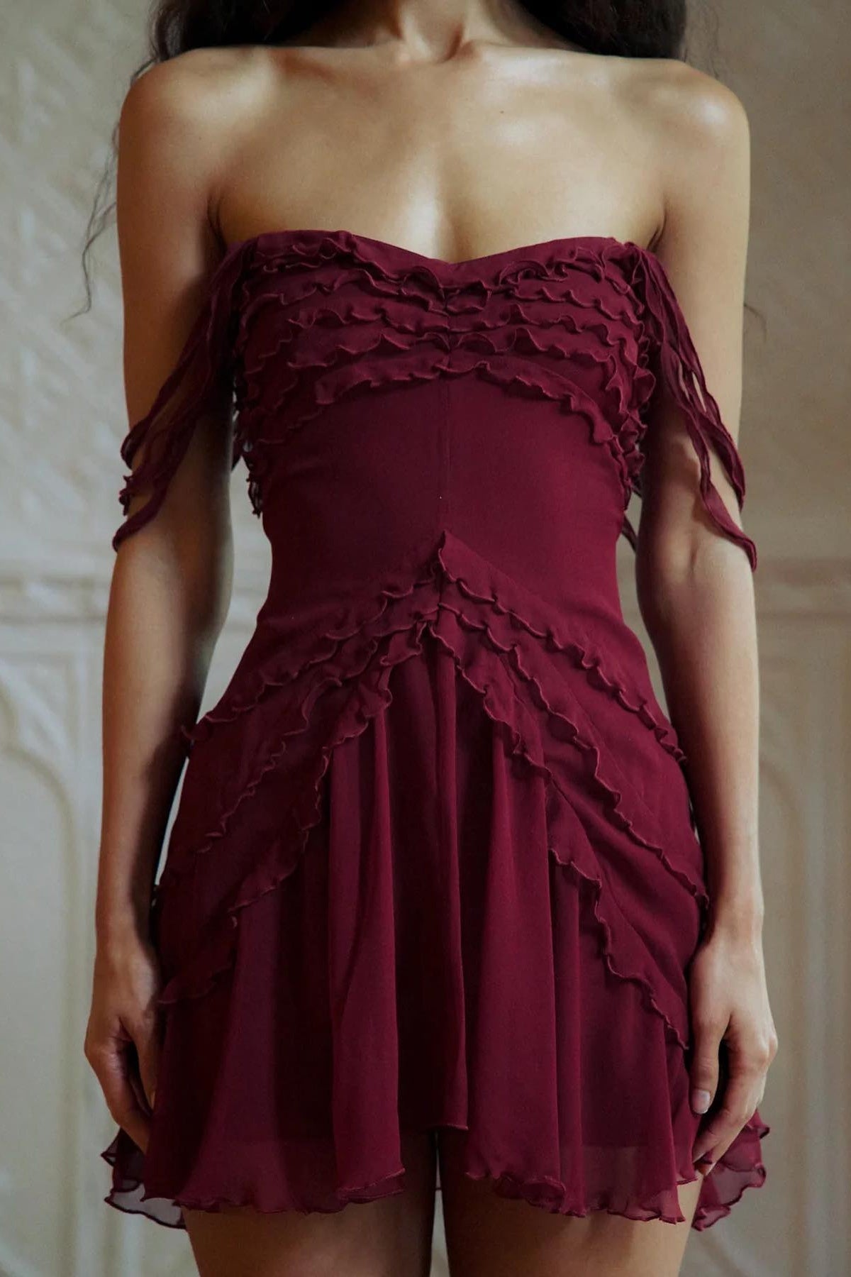 Romantic Burgundy Off Shoulder Mini Dress with Tiered Ruffle Skirt
