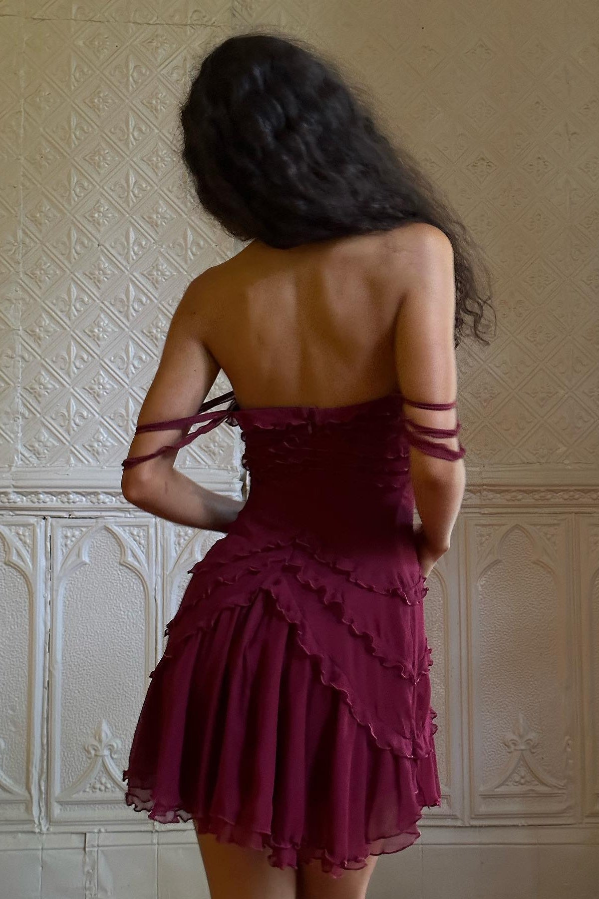 Romantic Burgundy Off Shoulder Mini Dress with Tiered Ruffle Skirt