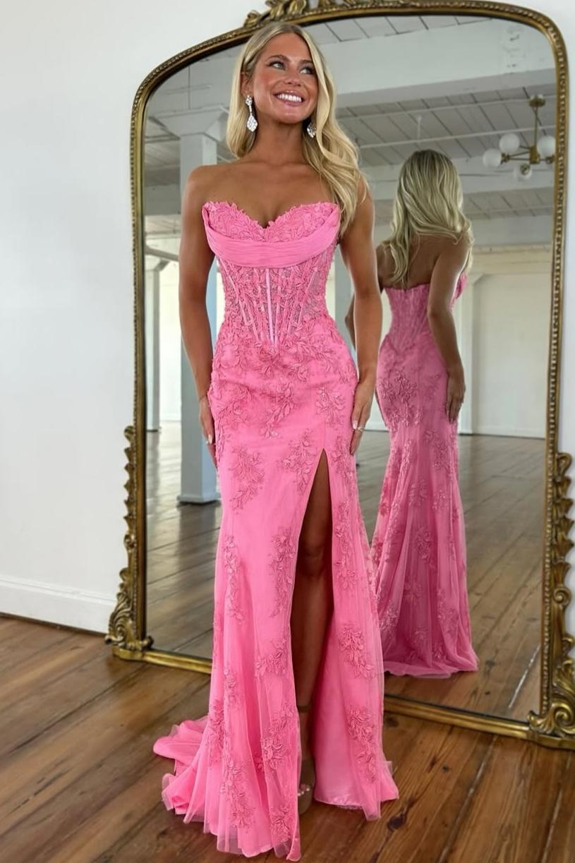 Romantic Floral Lace Mermaid Sweetheart Corset Prom Gown with High Slit
