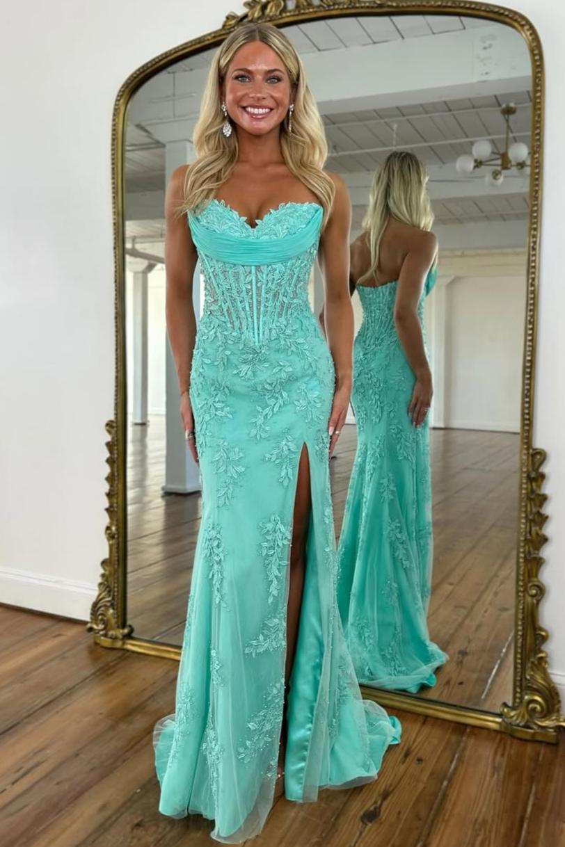 Romantic Floral Lace Mermaid Sweetheart Corset Prom Gown with High Slit