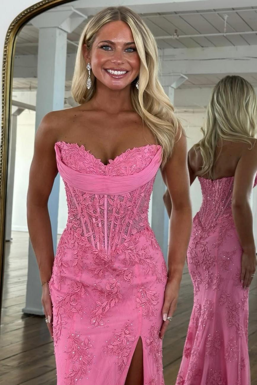 Romantic Floral Lace Mermaid Sweetheart Corset Prom Gown with High Slit