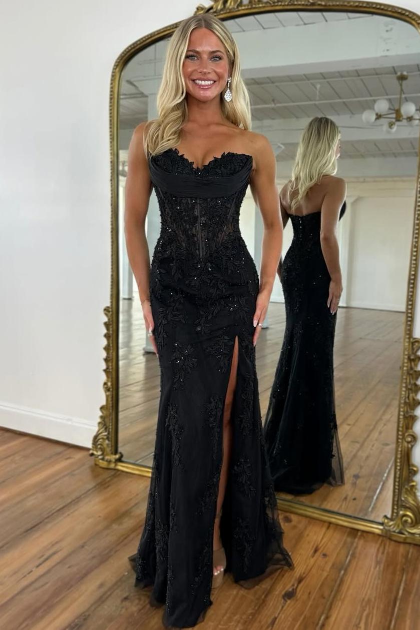 Romantic Floral Lace Mermaid Sweetheart Corset Prom Gown with High Slit
