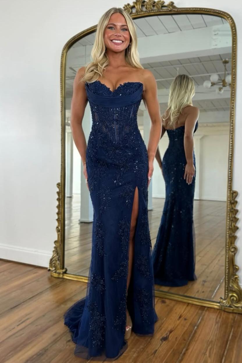Romantic Floral Lace Mermaid Sweetheart Corset Prom Gown with High Slit
