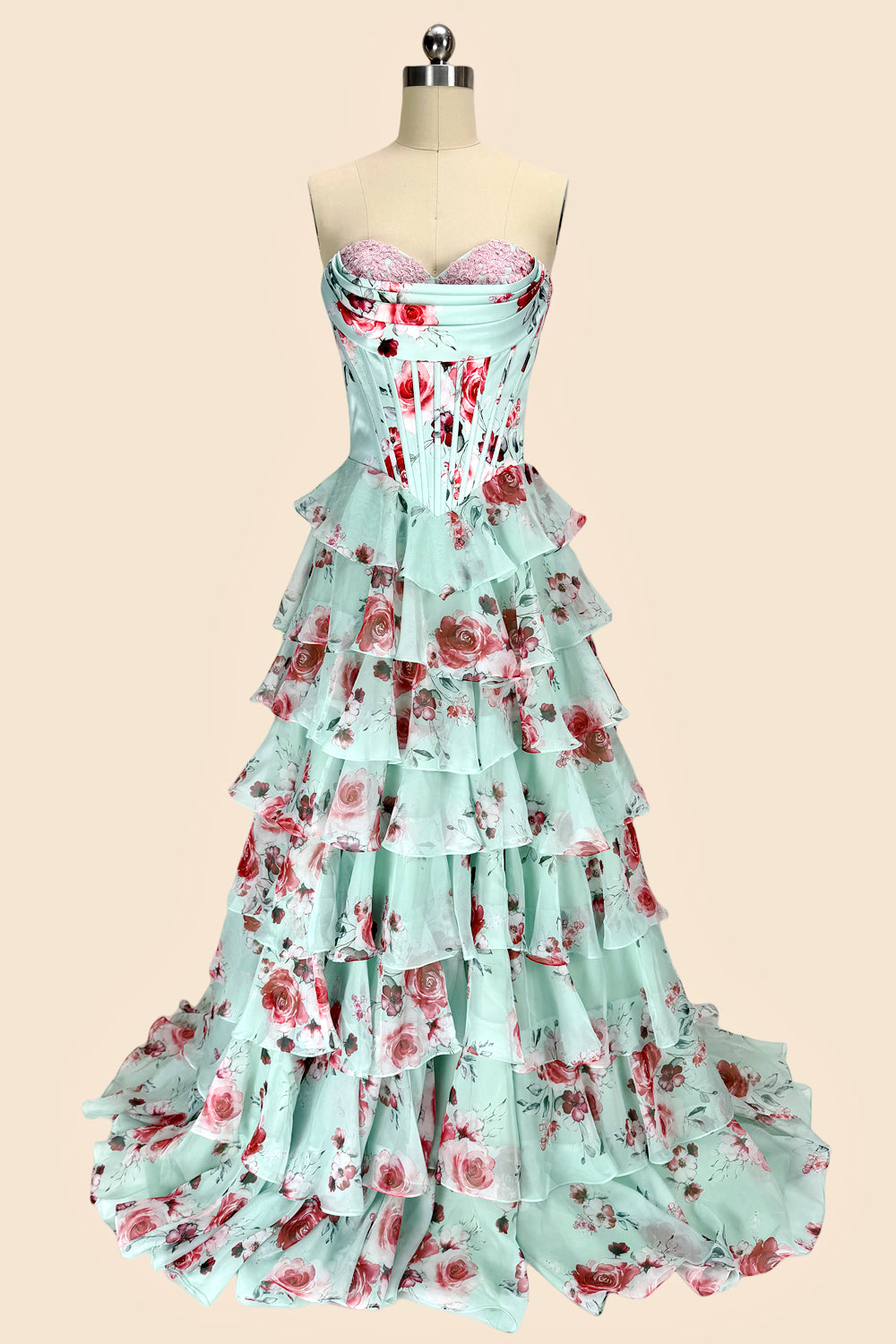 Mint Green Watercolor Floral Strapless Prom Dress with Sweetheart Tiered Chiffon Train
