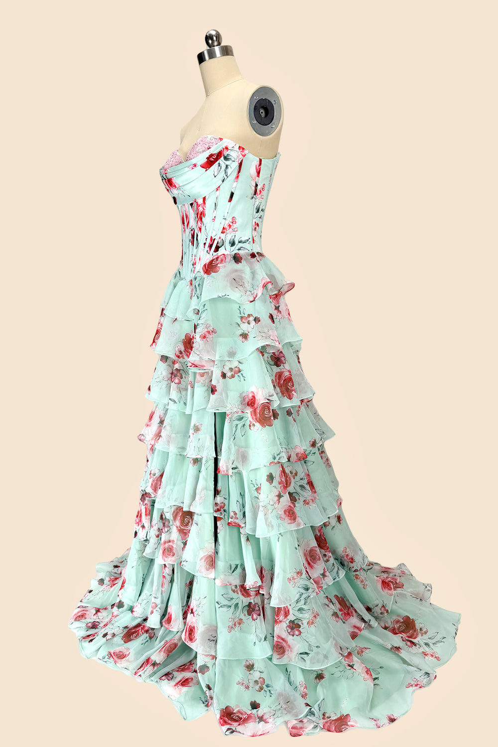 Mint Green Watercolor Floral Strapless Prom Dress with Sweetheart Tiered Chiffon Train