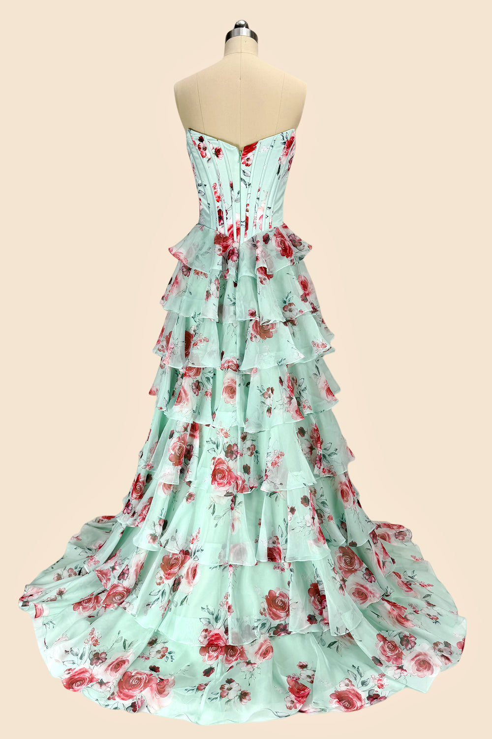 Mint Green Watercolor Floral Strapless Prom Dress with Sweetheart Tiered Chiffon Train