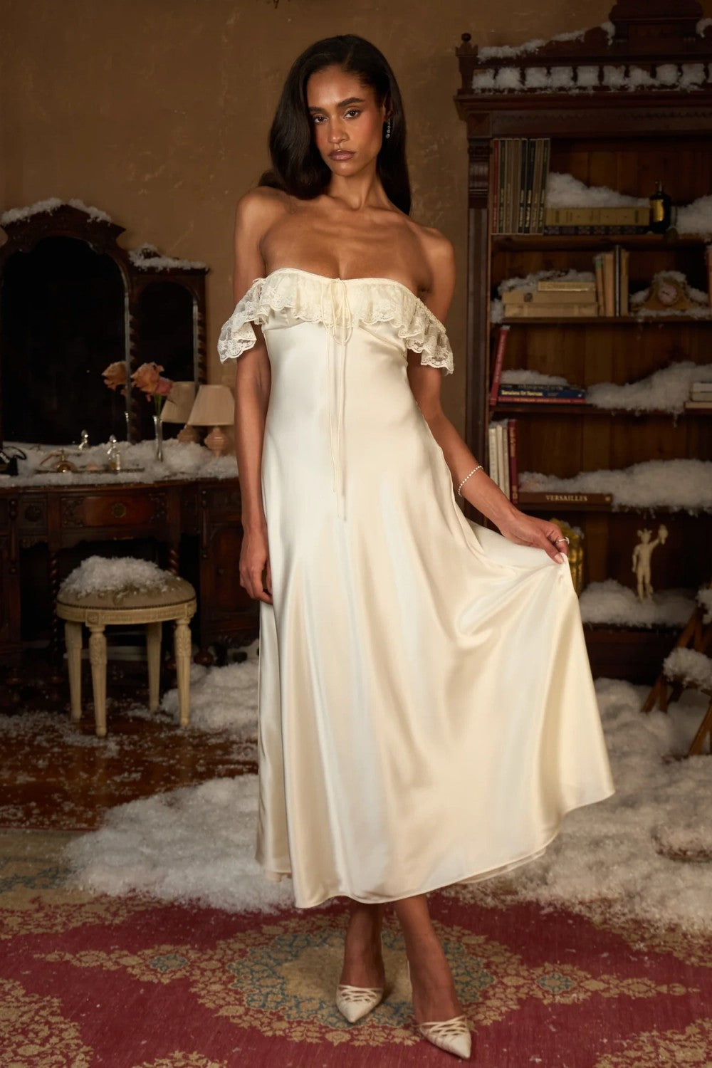 Romantic Ivory Tea Length Prom Dress with Lace Ruffle Detail