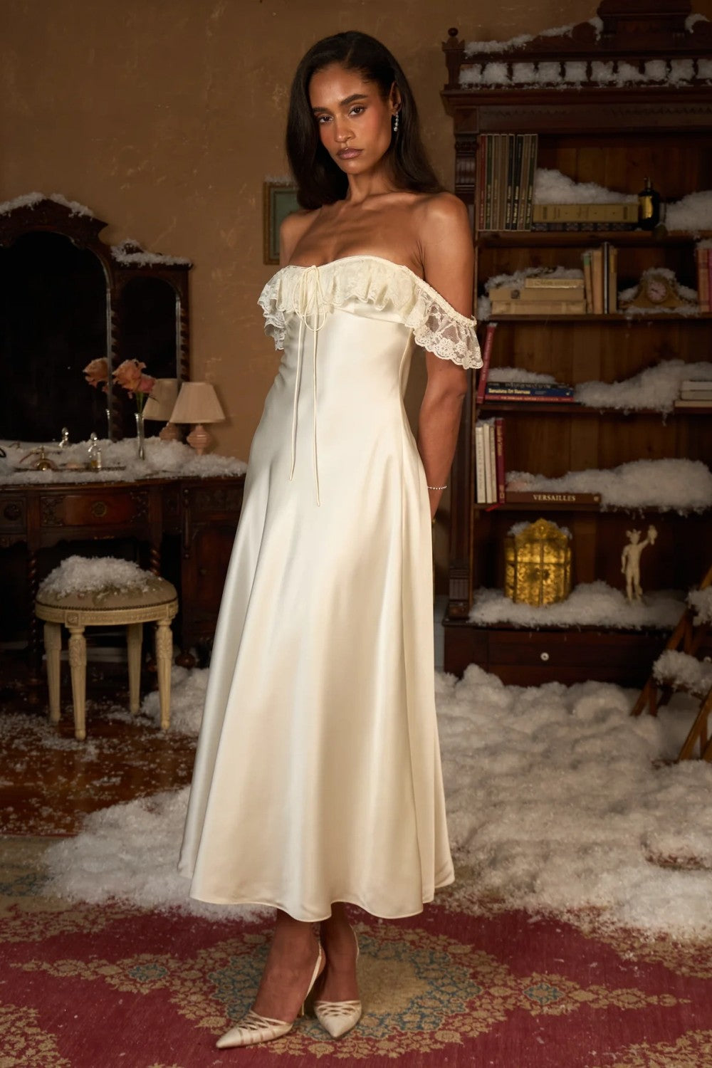 Romantic Ivory Tea Length Prom Dress with Lace Ruffle Detail