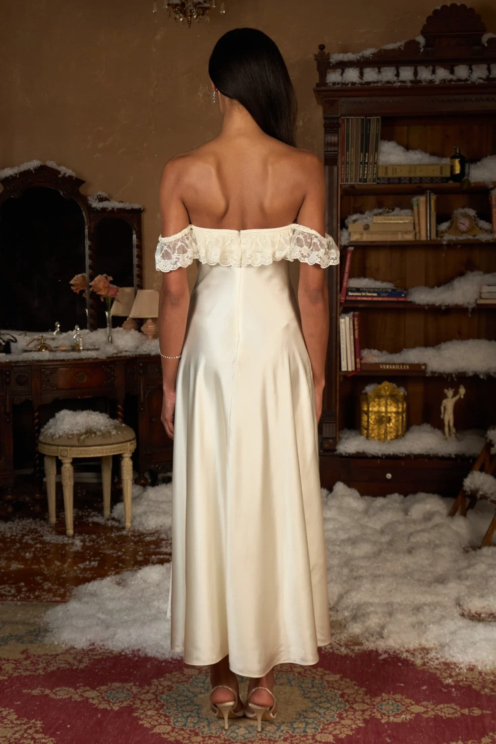 Romantic Ivory Tea Length Prom Dress with Lace Ruffle Detail
