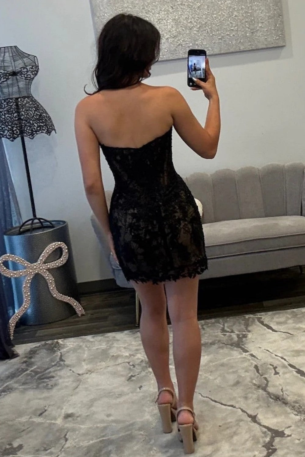 Romantic Lace Sweetheart Corset Mini Homecoming Dress with Sheer Overlay
