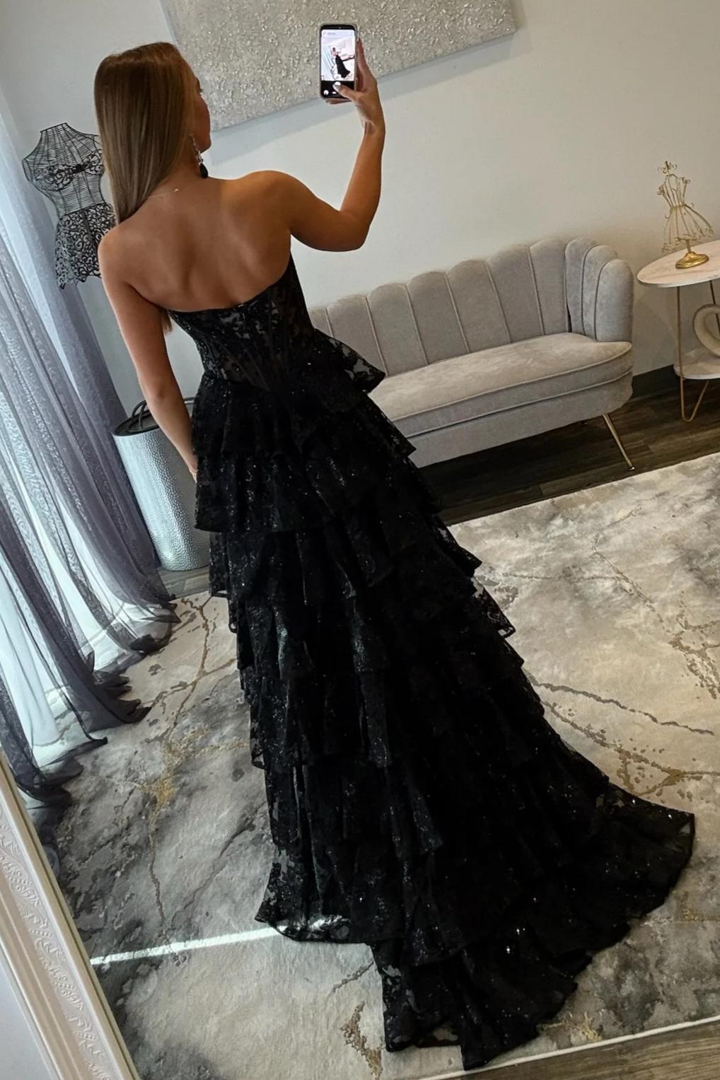 Romantic Lace Sweetheart Corset Ruffle Prom Gown with High Slit