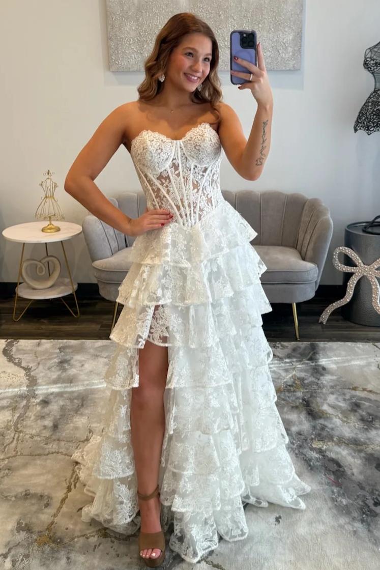 Romantic Lace Sweetheart Corset Ruffle Prom Gown with High Slit