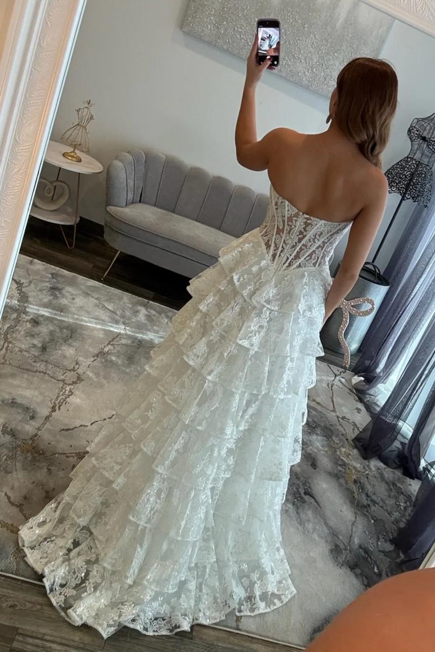 Romantic Lace Sweetheart Corset Ruffle Prom Gown with High Slit