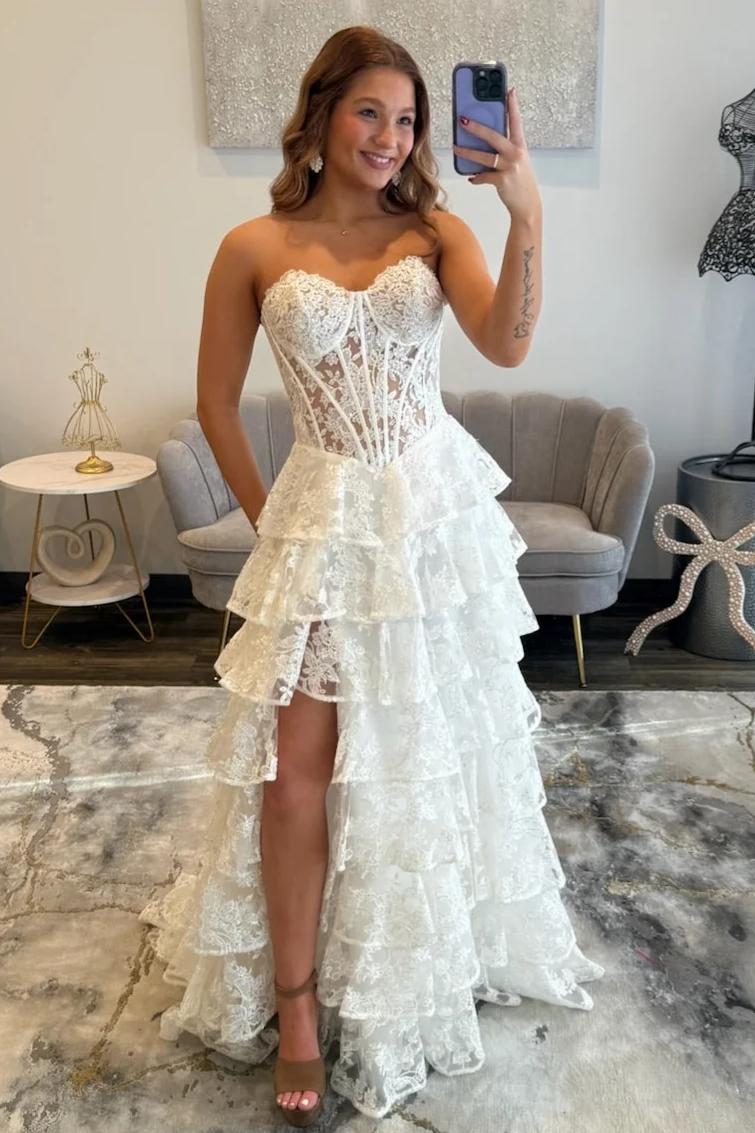 Romantic Lace Sweetheart Corset Ruffle Prom Gown with High Slit