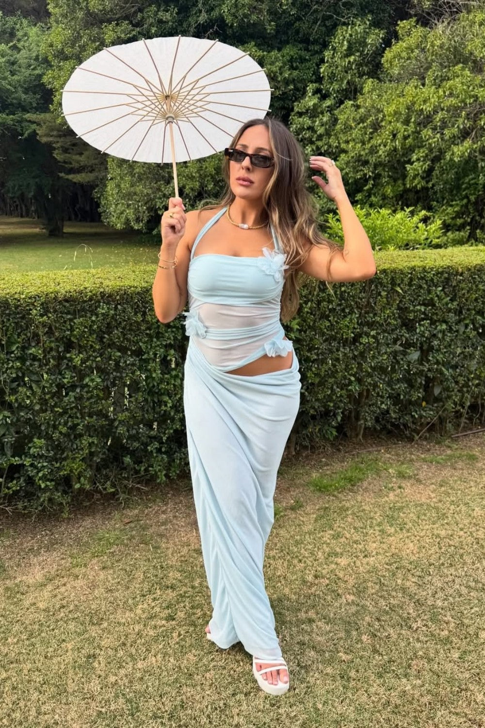 Romantic Light Blue Halter Prom Dress with Sheer Mesh Waist and 3D Flowers