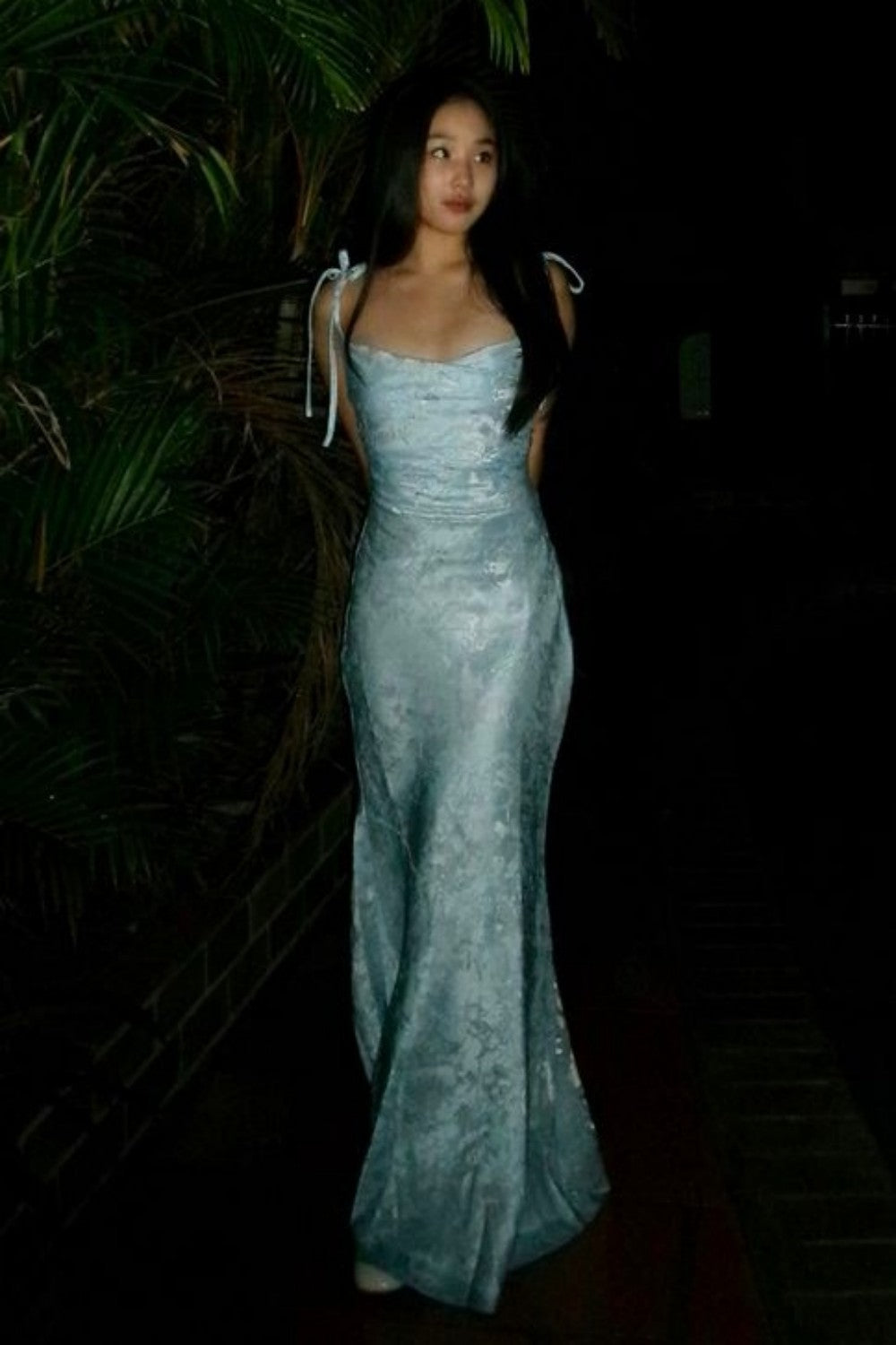 Romantic Light Blue Jacquard Mermaid Prom Dress with Tie Shoulder Straps