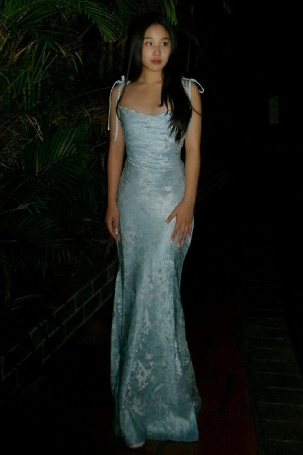 Romantic Light Blue Jacquard Mermaid Prom Dress with Tie Shoulder Straps