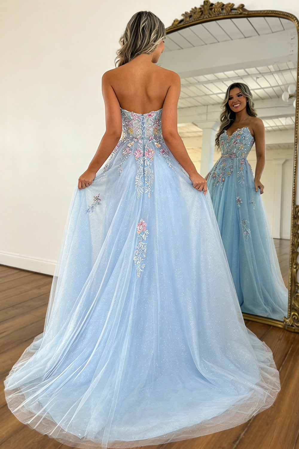 Romantic Light Blue Strapless Floral Appliqué Tulle Prom Dress with Flowing Train