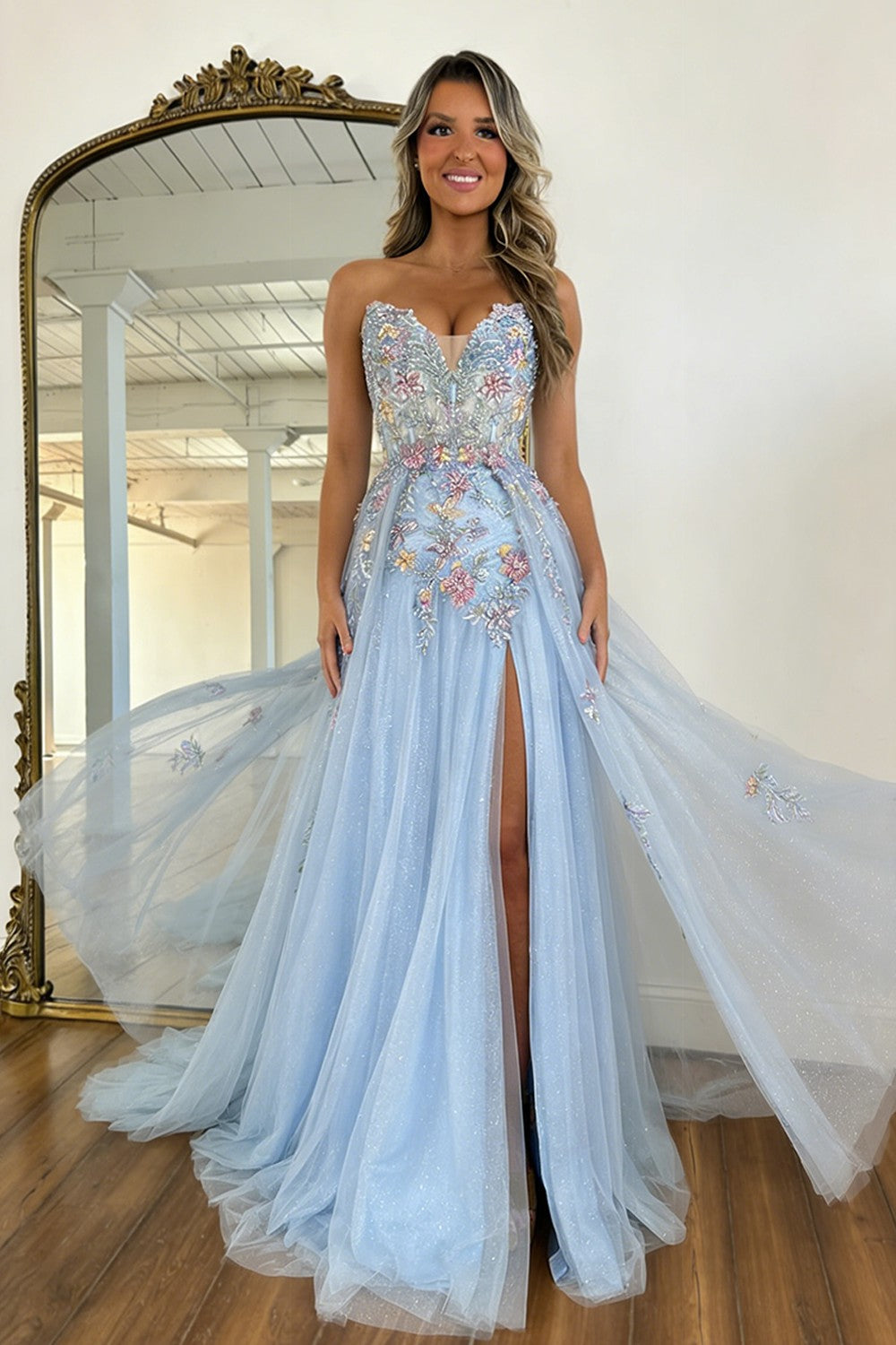 Romantic Light Blue Strapless Floral Appliqué Tulle Prom Dress with Flowing Train