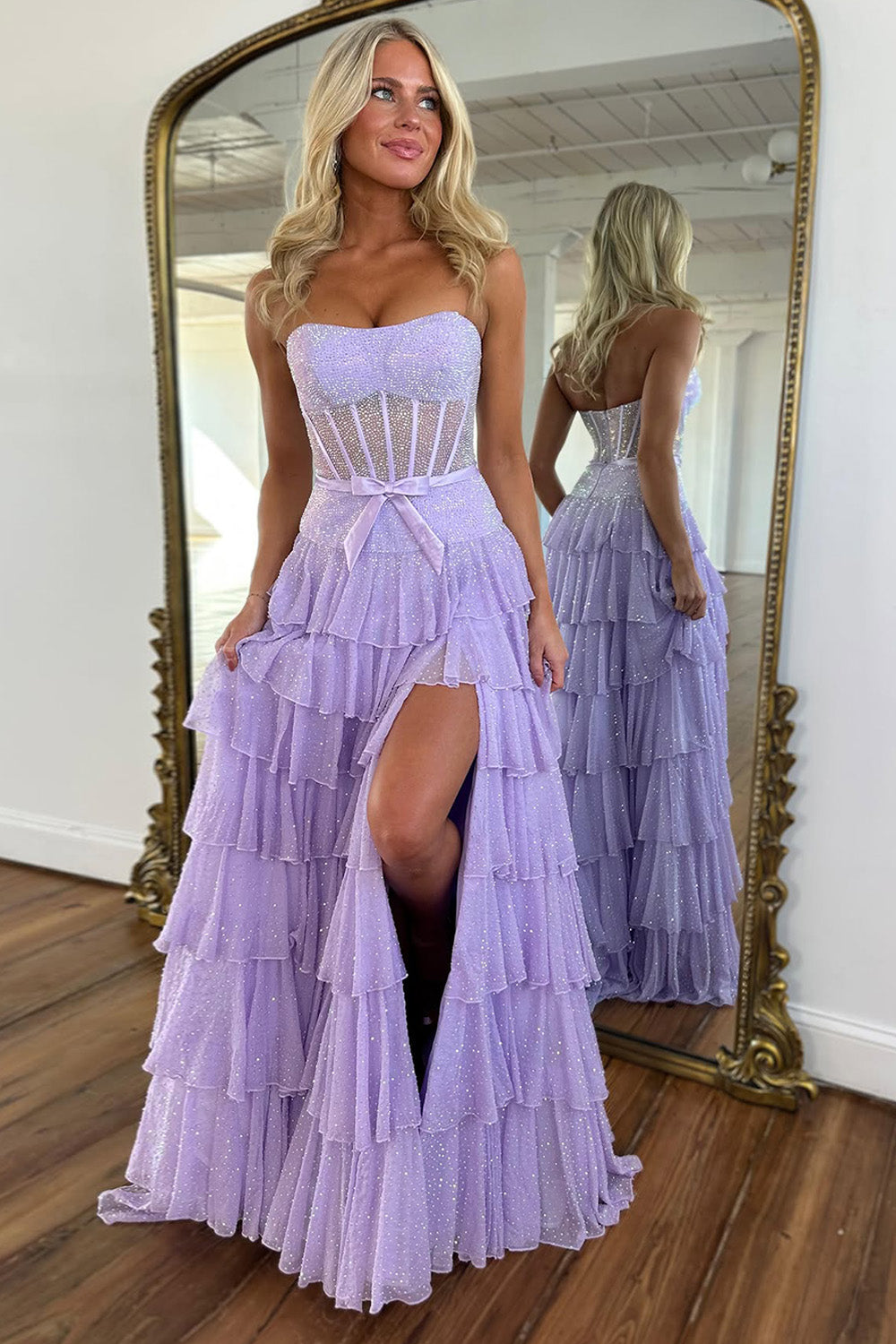Romantic Lilac Ruffle Tiered Beaded Prom Dress with Corset Bodice