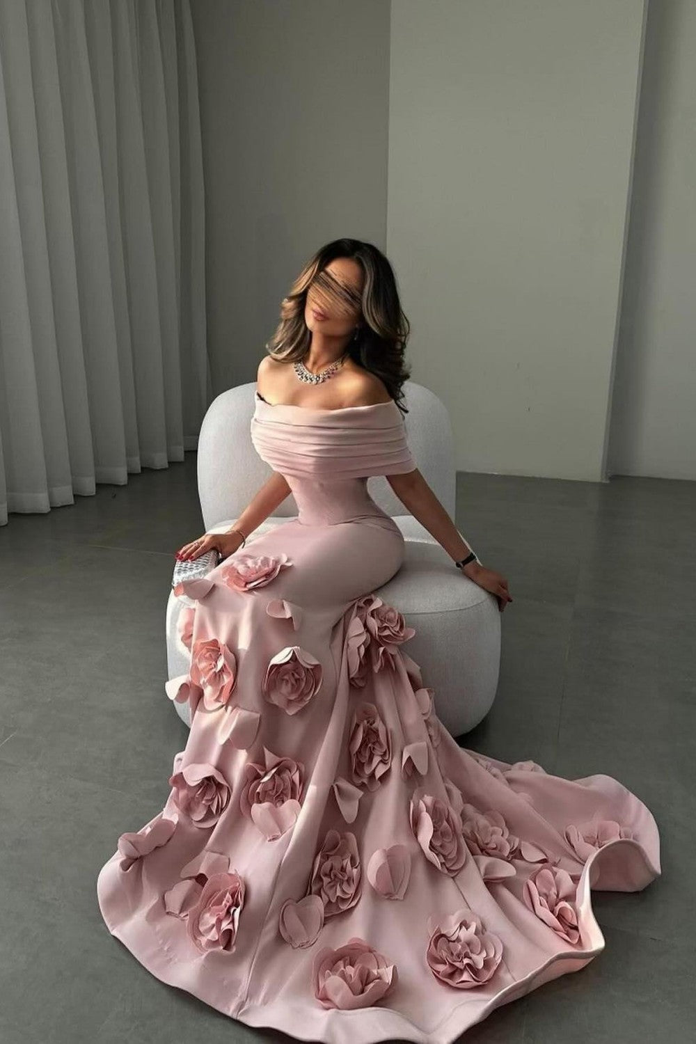 Romantic Off-Shoulder Pink Mermaid Prom Dress with Floral Train