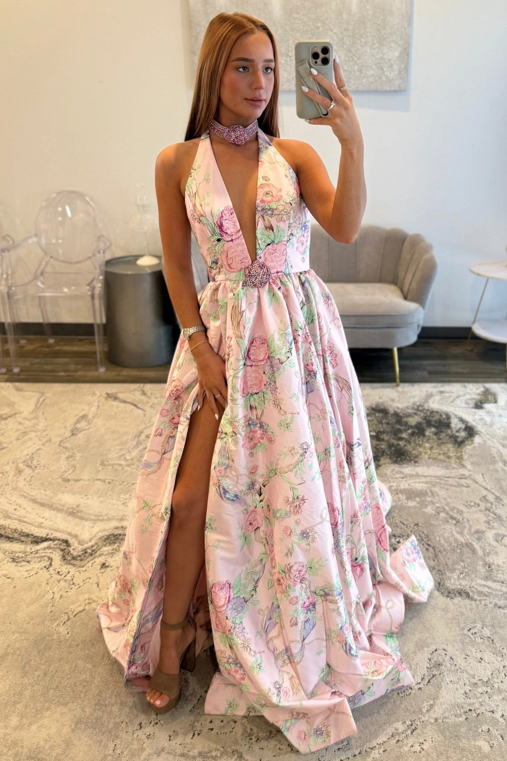 Romantic Pink Floral Halter Neck Prom Dress with Deep V Neck and Slit