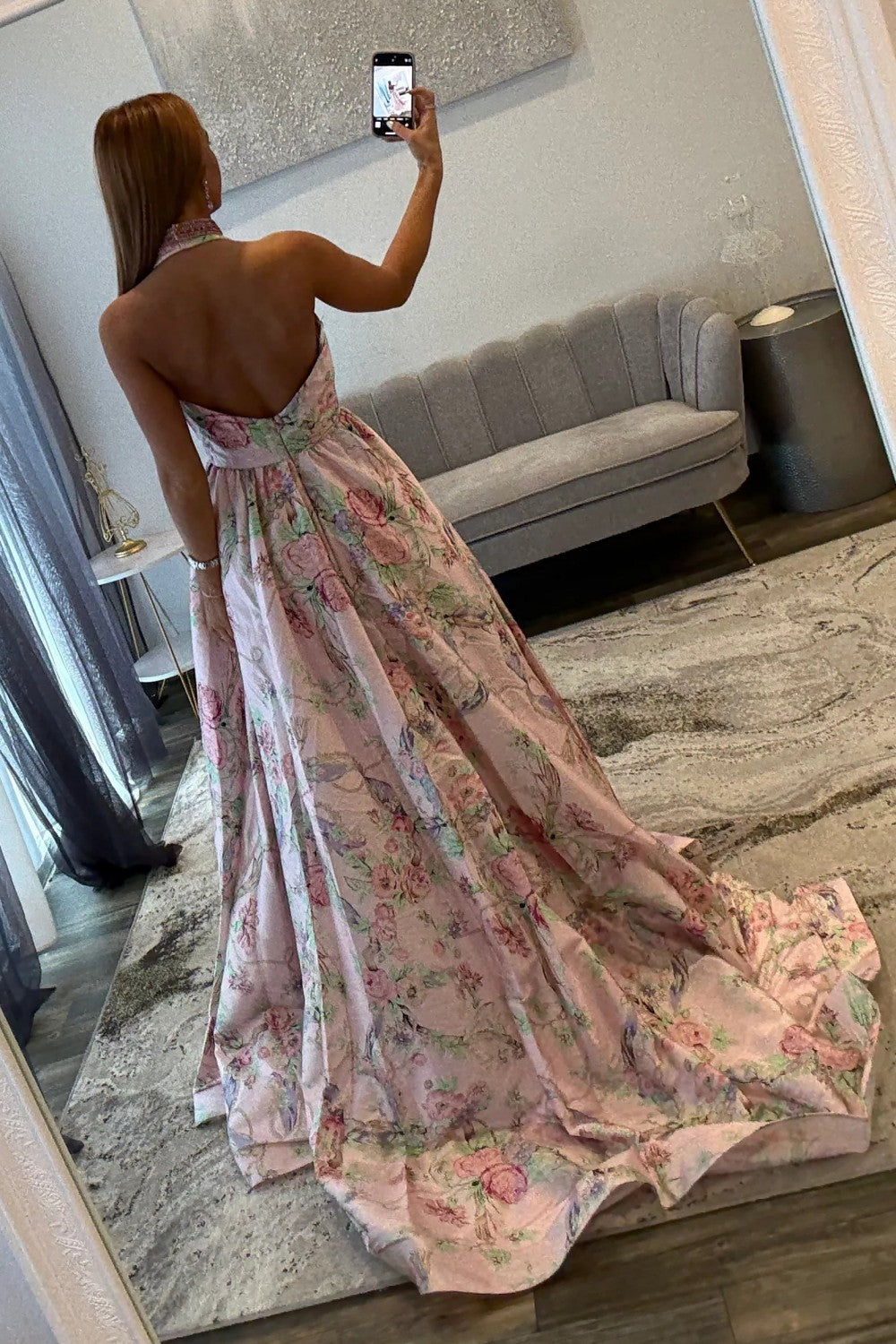 Romantic Pink Floral Halter Neck Prom Dress with Deep V Neck and Slit