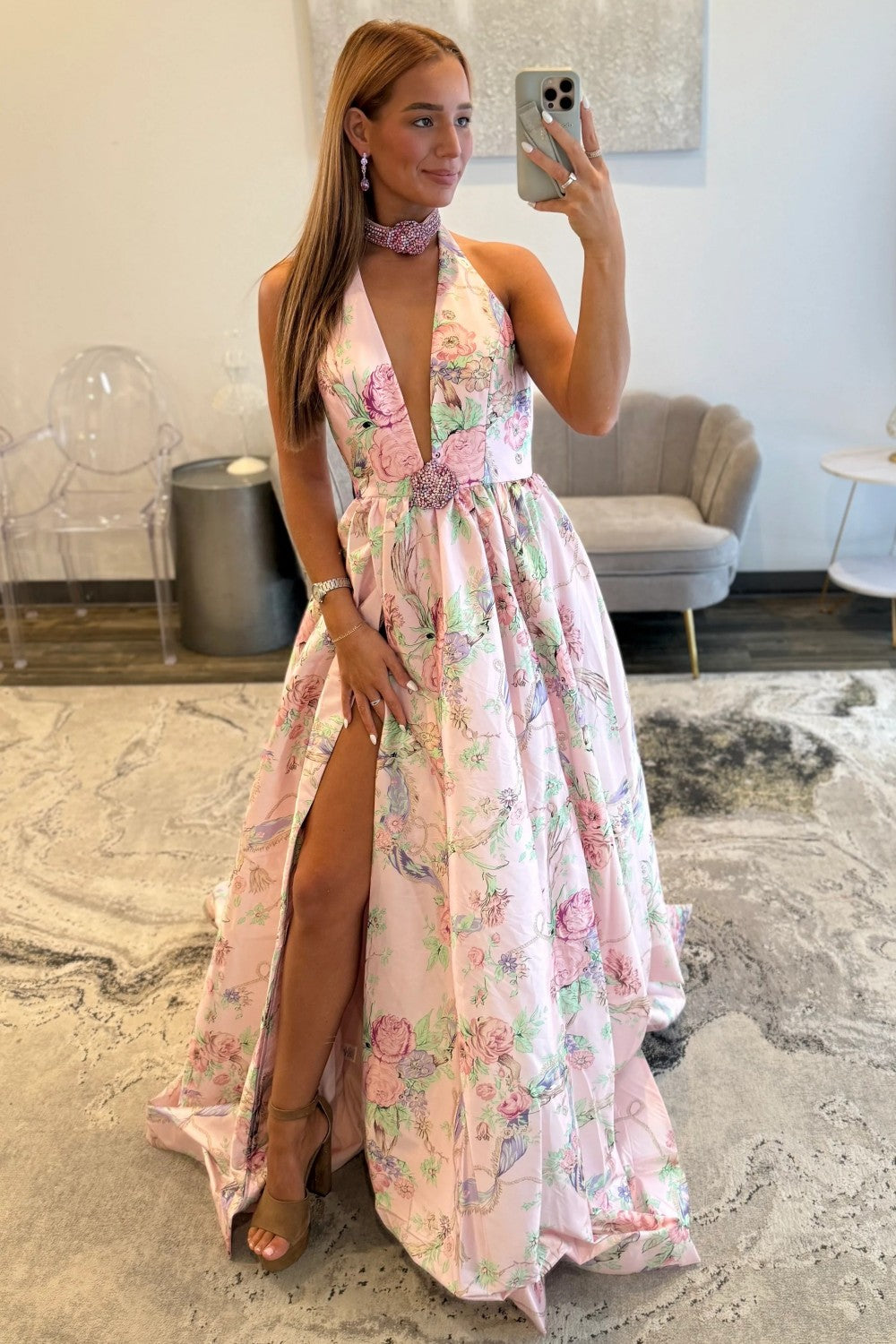 Romantic Pink Floral Halter Neck Prom Dress with Deep V Neck and Slit