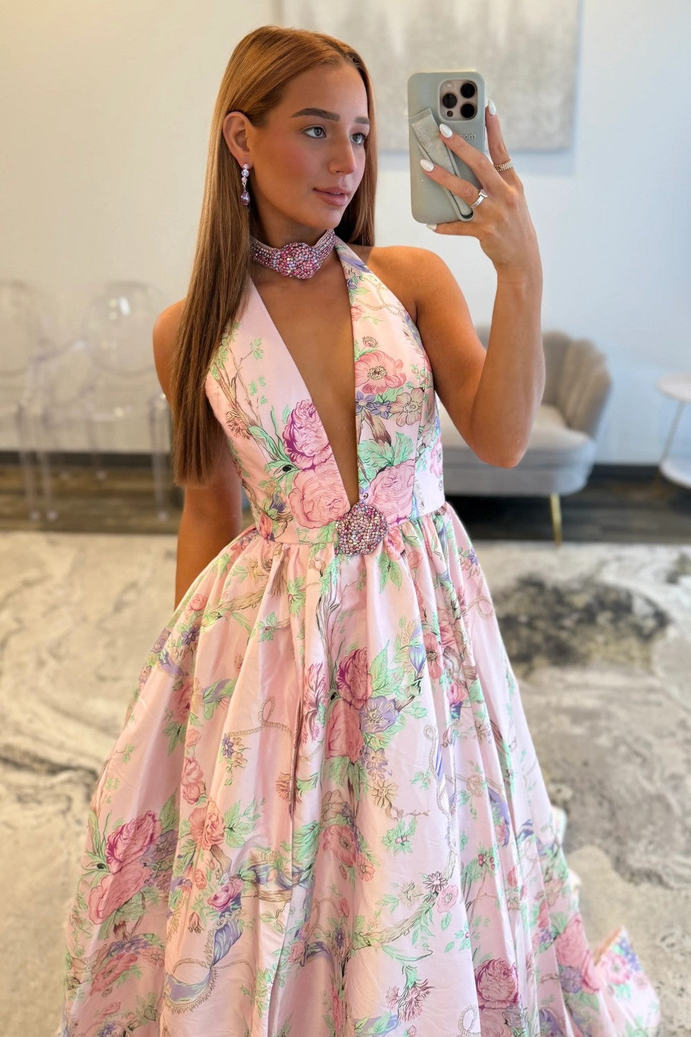 Romantic Pink Floral Halter Neck Prom Dress with Deep V Neck and Slit