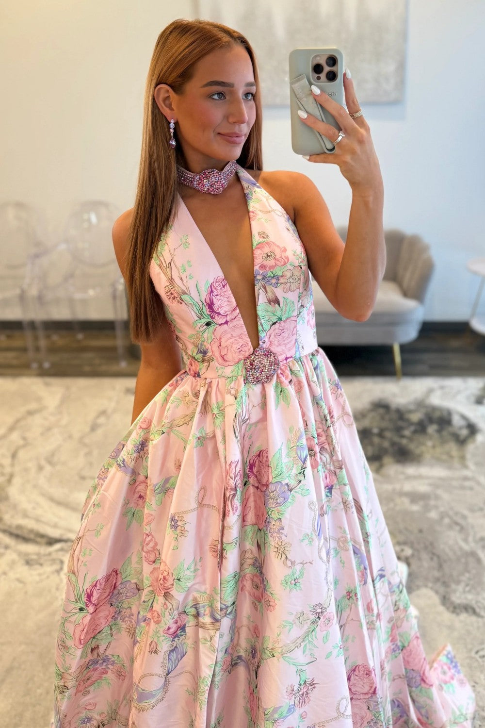 Romantic Pink Floral Halter Neck Prom Dress with Deep V Neck and Slit