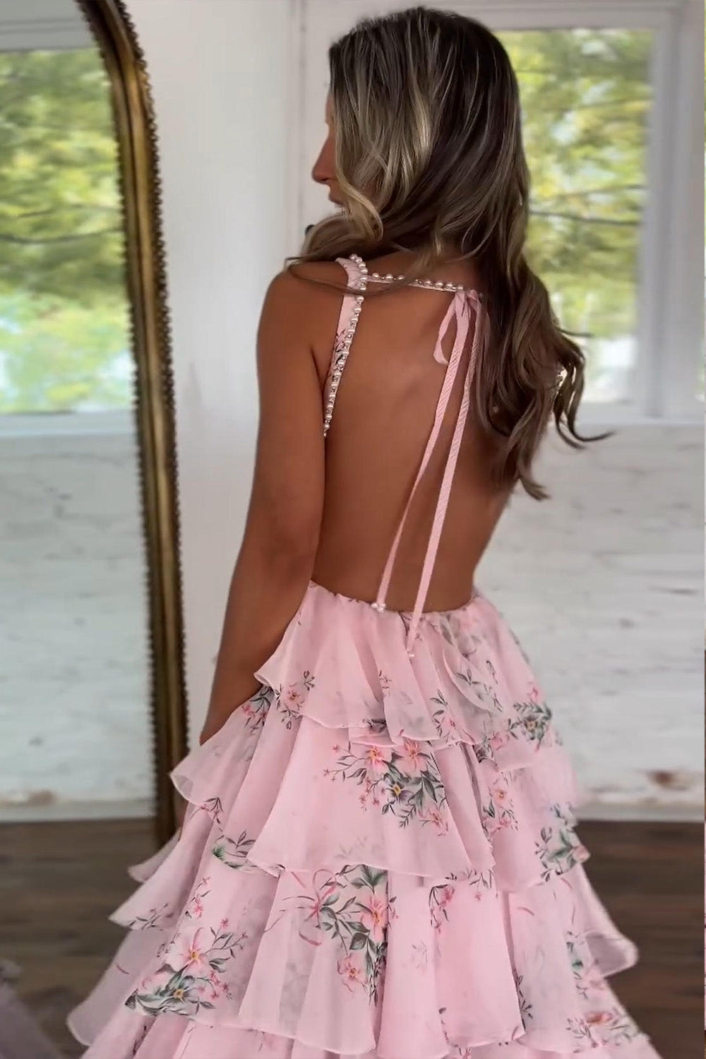 Romantic Pink Floral Square Neck Backless Tiered Ruffle Prom Dress with Slit