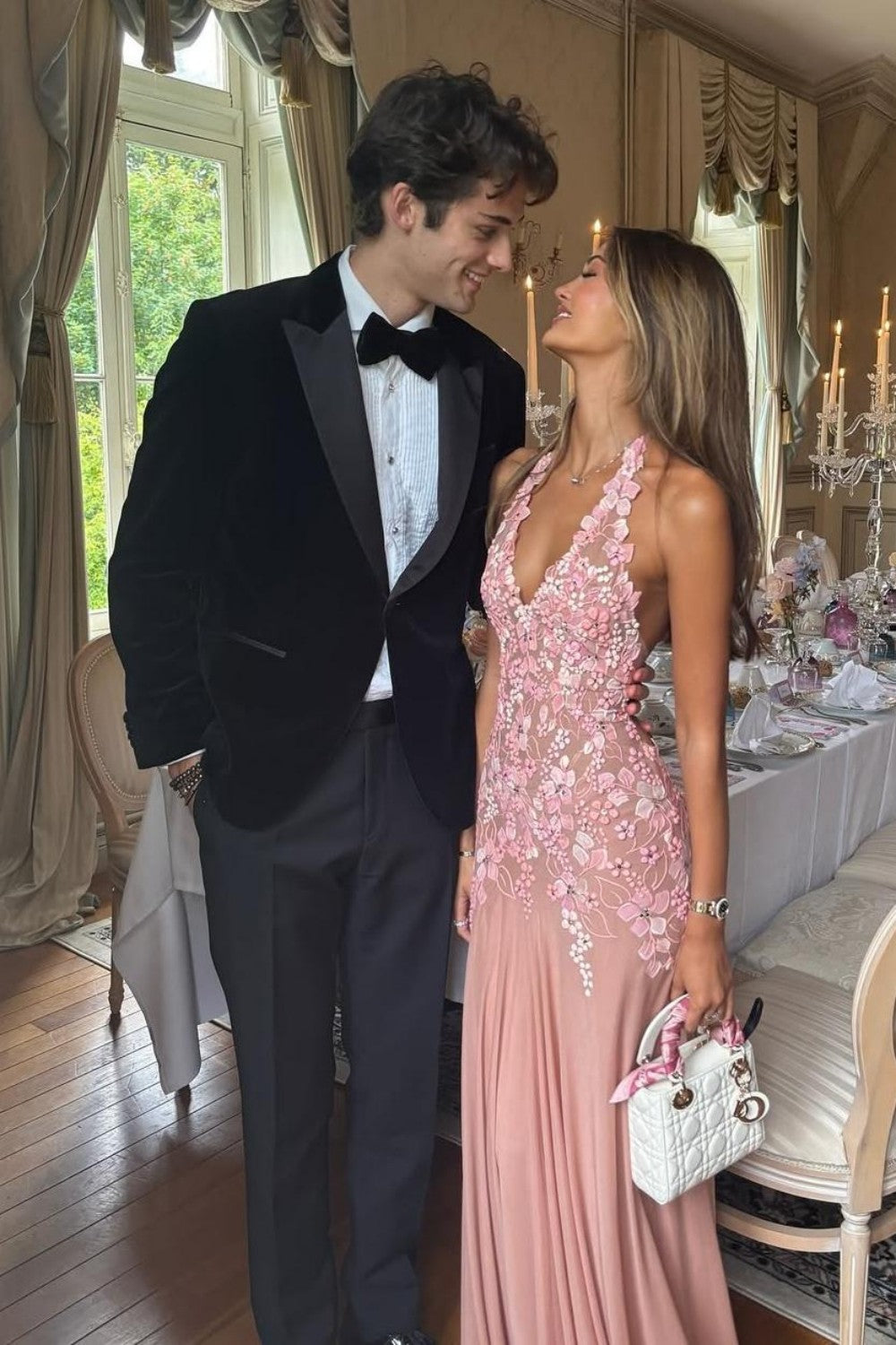 Romantic Pink Halter Neck Tie Back Prom Dress with 3D Floral Lace Appliqué